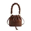 Brown quilted bucket bag with drawstring closure and woven handle in faux leather - Dark Khaki