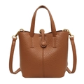 Vintage brown lychee leather bucket bag with top handles and adjustable strap - Tan