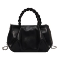 Minimalist black pleated square bag with woven handle and silver chain strap - Black