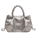 Fashionable silver pleated cloud bag with braided handle and metal chain strap - Silver