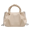 Minimalist beige pleated crossbody bag with woven handle and silver chain strap - Off White