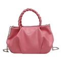 Pink pleated cloud bag with braided handle and silver chain strap for women - Rose Red