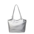 Sac tote argenté en cuir grainé avec de longues bandoulières et un logo métallique - Argenté