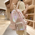 Detail of pink laser holographic backpack featuring multiple pockets and white strap buckles - Pink
