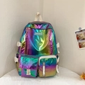 Detail shot of the iridescent laser fabric with gradient colors and white buckles on the backpack - Rainbow
