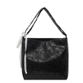 Black bucket bag with vintage metallic texture and white lace bow detail on shoulder strap - Black