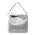Silver metallic bucket bag with cracked texture and delicate white lace ribbon detail - Silver