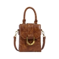 Vintage brown leather crossbody phone bag with gold metal clasp and top handle strap - Tan