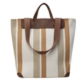 Bolso tote grande de lona a rayas con asas de cuero marrón y correa para el hombro - Blanco