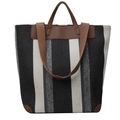 Bolso tote de lona a rayas blancas y negras con detalles de cuero marrón - Negro