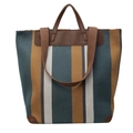 Bolso tote de lona a rayas con asas de piel sintética marrón y base reforzada - Azul