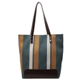 Grote gestreepte canvas shopper in groen en geel met donkerbruine lederen hengsels - Groot / Groen