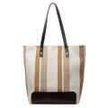 Verticaal gestreepte canvas tote bag met donkerbruine lederen bies en stevige handvatten - Groot / Wit