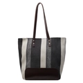 Gestreepte canvas tote bag in zwart grijs en beige met bruine lederen handgrepen - Klein / Zwart Klein