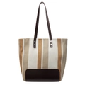 Vertical striped canvas tote bag with brown leather handles and reinforced base - White Small