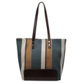 Large striped canvas tote bag with blue and yellow patterns and leather handles - Green Small