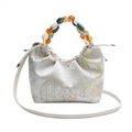 Sac à main en satin crème de style chinois avec imprimé floral et anse en perles - Blanc Cassé