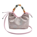 Sac à main rose en satin style néo-chinois avec motif paysage et poignée perles - Rose