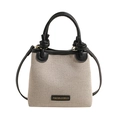 Beige woven straw bucket bag with black leather trim and cylindrical knotted handles - Off White