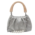 Bolso tipo cubo plisado plateado con asa de madera, perlas y correa de cadena - Gris