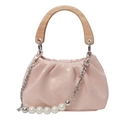 Bolso saco plisado rosa con asa de madera y correa de cadena decorada con perlas - Rosa