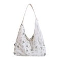 Sac fourre-tout en toile à fleurs blanc cassé avec motifs verts et ruban de dentelle - Vert Multicolore