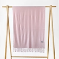 Close-up of light pink cashmere scarf with fine tassel fringe on a wooden hanger - Baby Pink / 215*70cm