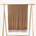 Detail shot of caramel brown cashmere scarf with fine fringe tassels and brand label - 215*70cm / Dark Camel (DW010-2)