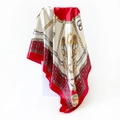Detail of red and cream satin silk scarf featuring golden equestrian chain and buckle prints - 90x90cm / Red (D9035)