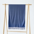 Detailed close-up of blue cashmere scarf fabric texture and elegant tassel edges - Denim Blue / 215*70cm