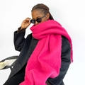 Detail of soft mohair-style rose red scarf featuring long tassels and thick fuzzy texture - Rose Red