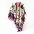 Detailed view of satin square scarf with pink golden chain and polka dot patterns - 90x90cm / Pink (D9035)