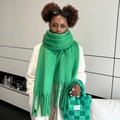 Détail de l'écharpe en mohair vert vif à franges et sac à main en peluche à damier assorti - Vert Échalote