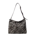 Leopard-Canvas-Einkaufstasche mit braunem verstellbarem Lederriemen auf weißem Grund - Schwarzer Leopard