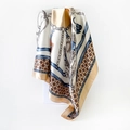 Detail of silk-satin scarf featuring classic horse chain print and golden equestrian patterns - 90x90cm / Khaki (D9035)