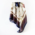 Classic chain and belt print satin square silk scarf in navy and cream white colors - Blue