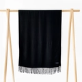 Close-up of black cashmere scarf with elegant fringe detail and material label - Black / 215*70cm