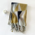 Macro shot of geometric mohair scarf with thick knit fringe and soft texture detail - Grey Yellow Black