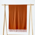Detail view of caramel cashmere scarf texture with fine tassels and fabric label - Caramel / 215*70cm