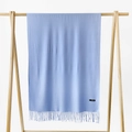 Detailed texture of light blue cashmere scarf with fine fringe on a wooden hanger - Sky Blue / 215*70cm