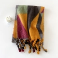 Detailed close-up of thick winter scarf featuring colorful geometric patterns and long tassels - Yellow Green Red