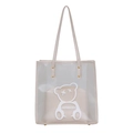 Transparent PVC tote bag with beige inner pouch and a cute white bear graphic design - White
