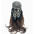 Elegant black and beige geometric silk scarf worn as a stylish headband on brown hair - Black Beige Geometric (RZ6521)