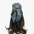 Navy blue paisley satin square scarf worn as a headwrap on wavy brown hair - 70*70cm / Glossy Paisley (RZ7081) / Blue