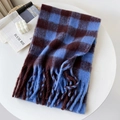 Dicker Mohair Winter-Schal mit blau-braunem Karomuster und großen Fransen - Blaues Patchwork (HM07)