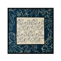 Square silk scarf with deep teal and beige floral patterns on white background - 90x90cm / Blue