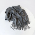 Solid dark grey cashmere-feel scarf for women with elegant tassel fringe details - 215*70cm / Heather Gray (DW010-12)