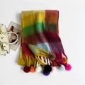 Rainbow checkered mohair knit scarf with colorful handmade pompoms on white background - Yellow White Rose
