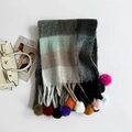 Plaid knit scarf with grey, mint, and beige blocks featuring colorful pom-poms - Black White Grey