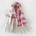 Pink and beige striped fluffy scarf with long tassels in a soft mohair style - 230x36cm / Pink (HM016-Pink)